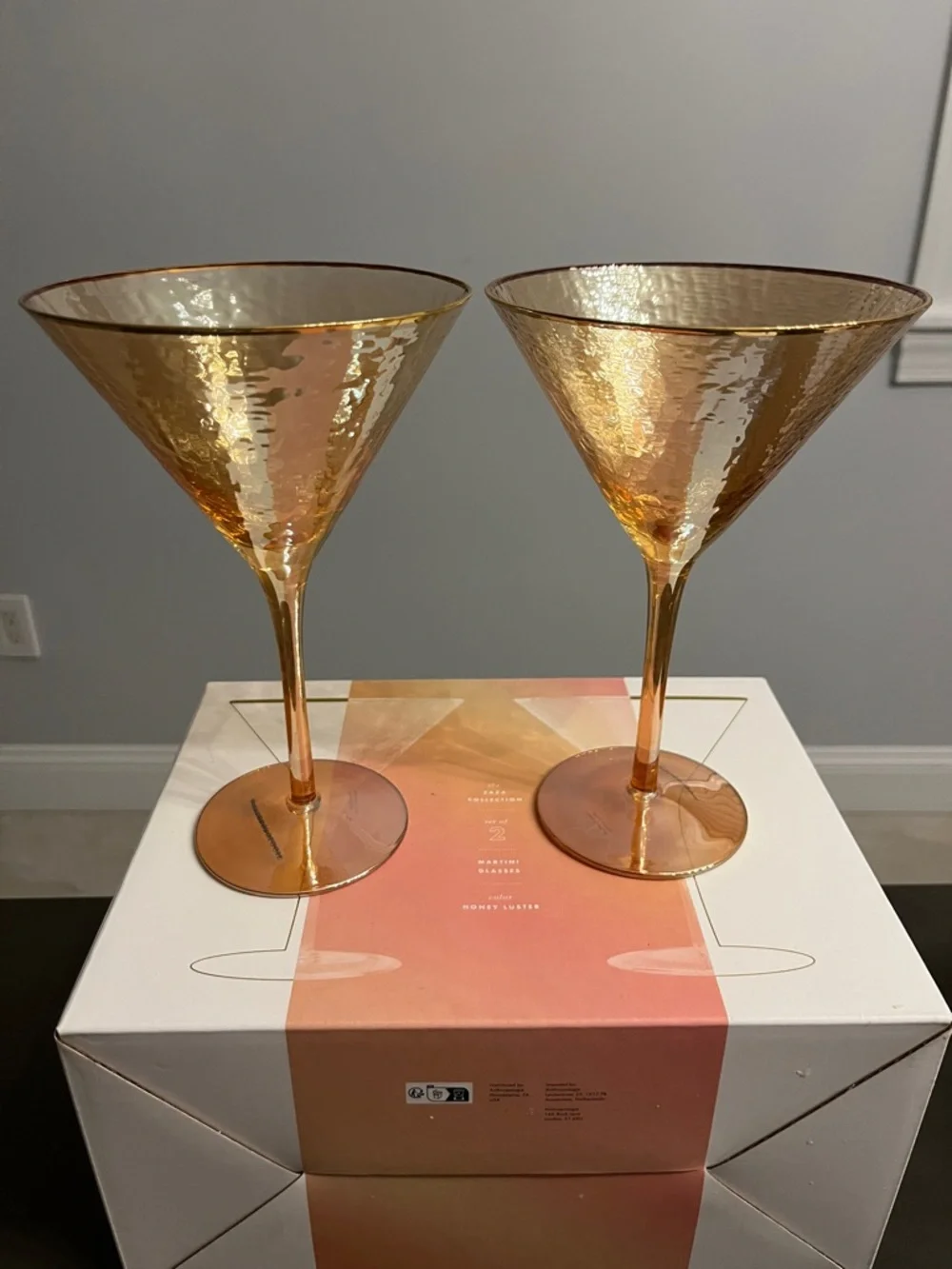 NWT Anthropologie The Zaza Collection Set of 2 Honey Colored Martini Glasses - Picture 2 of 7